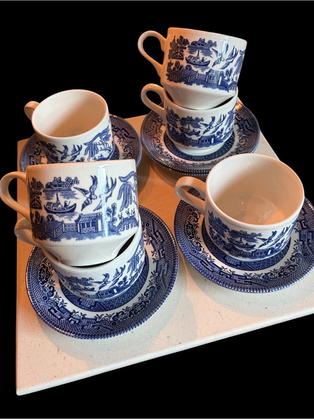 (6) Blue Willow Porcelain Tea Cup & Saucer Set - Blue & White - no chips/cracks